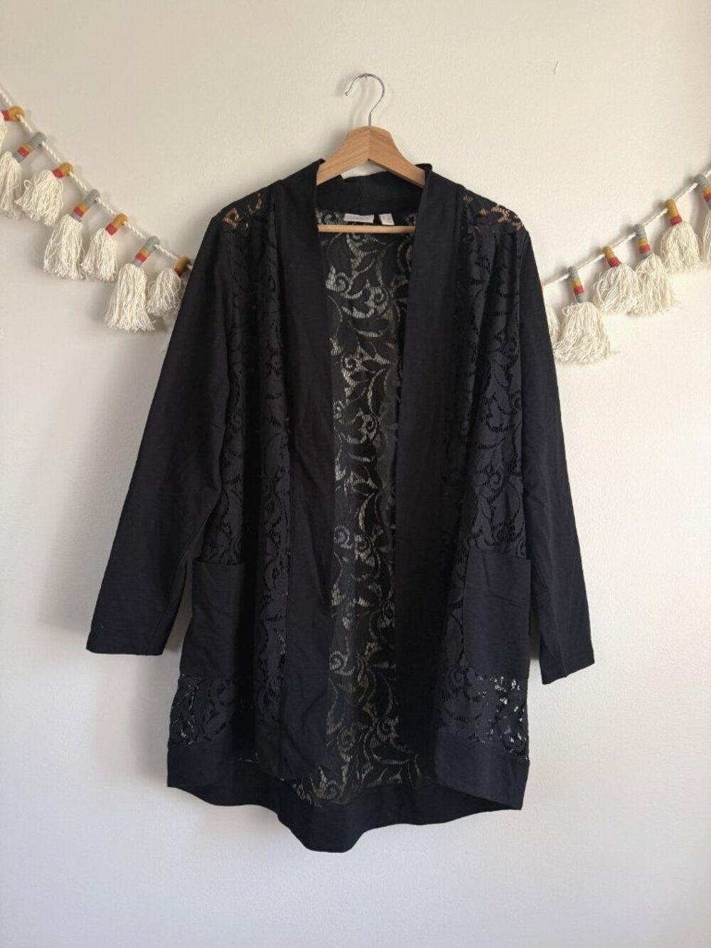 Lori Goldstein Black Floral Lace Open Front Longline Cardigan Feminine Size 1x